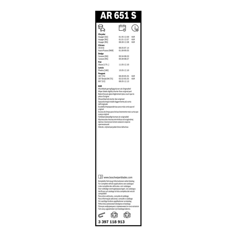 2 Balais d'Essuie Glace 650mm Pour Peugeot Fiat Chrysler Citroën C8