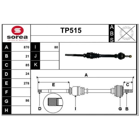 Cardan Arbre de Transmission Avant Droit Pour Peugeot Citroën DS 1612690280